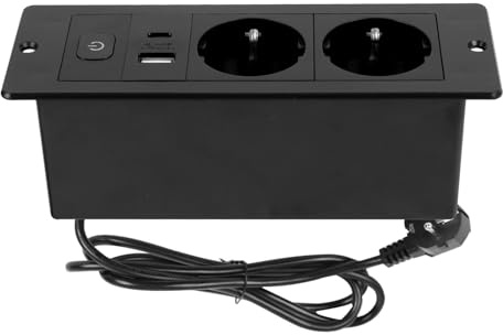 Bloc multiprise escamotable 2 ports USB - Multiprise encastrable 3 prises - Câble 1,8 m - Bureau, chambre à coucher, salle de classe, lieux de travail (noir, 2 AC+USB(A+C))