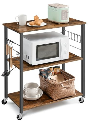 VASAGLE Kitchen Shelf on Wheels, 31.5 Inches Serving Cart with 3 Shelves, Kitchen Cart, Microwave Shelf, for Mini Oven, Toaster, with 6 Hooks, Industrial Style, Rustic Brown and Ink Black UKKS067K01