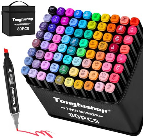 Tongfushop 80 Farben Alkohol Stifte Set, 2S Schnell Trocknende Doppelspitze Alkohol Marker, Meißel & Feine Alkoholmarker Filzstifte mit Anti-Seepage Abstandshaltern für Malerei Design Manga Skizzieren