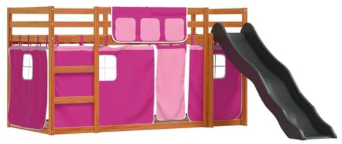 vidaXL Etagenbett, Kinderbett Spielbett mit Rutsche Gardinen, Hochbett Bett für Kinder, Stockbett Bettgestell mit Lattenrost Rausfallschutz, Rosa 90x200cm