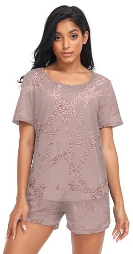 HMZXZ Damen Schlafanzug-Set Rose Marmor Textur Drucken Sommer Pyjama Woman Set,Marmorierung Loungewear und Shorts Lounge Set Sleepwear Nachtwäsche