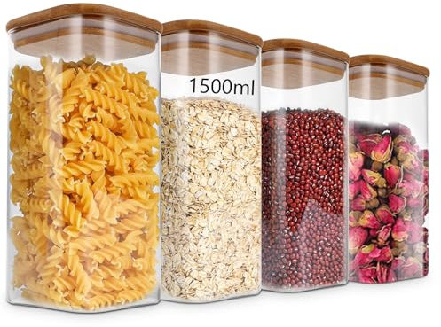 FWEEK 4 tarros de almacenamiento con tapa, 1500 ml, tarros de cristal con tapa, herméticos, rectangulares con tapas de bambú, tarros de almacenamiento de cocina para cereales, nueces, harina, copos de