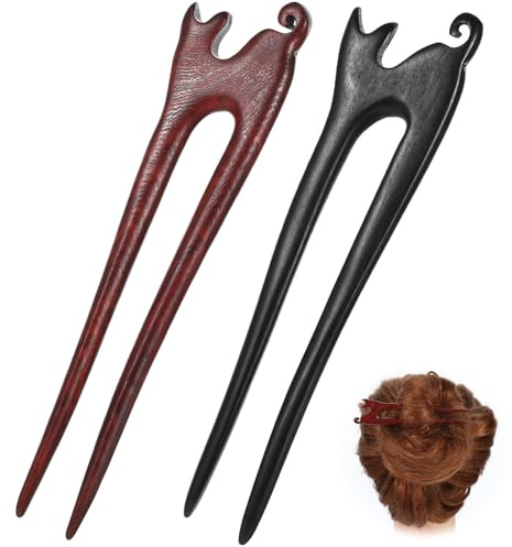 2 Stück U-förmige Haarstäbe aus Holz Handgefertigt Geschnitzte Französische Haargabeln mit Süßem Katzendesign 2-zackige Vintage-Haarschmuck für Frauen Mädchen Chignon Hochsteckfrisur Frisuren-Zubehör