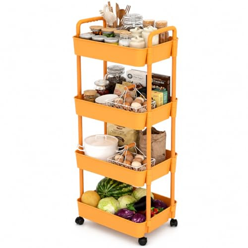 BURAKH 4 Tier Slim Rolling Storage Trolley Cart with Wheels, Narrow Mobile Utility Shelf Rack for Kitchen, Bathroom, Bedroom, Office & Laundry, Space Saving Organiser Unit with Hooks