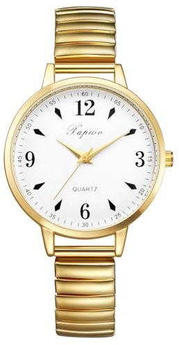 JewelryWe Relojes Correa Elástica Mujer: Reloj de Pulsera de Cuarzo Analógico Redondo para Señora Esfera Grande Correa de Acero Inoxidable Extensible Oro - para Ocio Negocios Regalos