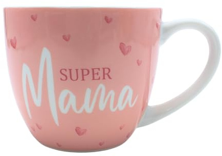 XXL Trinkbecher - Maxi - Kaffeebecher - Tassengeschenk Mama, Kaffeetasse,Tasse aus Porzellan, Motiv: Super Mama in rosa, Größe H/Ø: 9,2 x 10,5 cm, Fassungsvermögen 400 ml, Spülmaschinengeeignet.