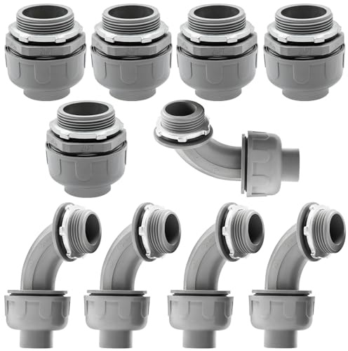 Feotech 10 Pack 2 Inch Liquid Tight Connectors - PVC Electrical Conduit Fittings, Straight, 90 and 180 Degree Non-Metallic Flexible Connectors for Home, Bathroom, and Kitchen, Gray