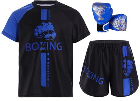 Runqhui - Conjunto de traje de boxeo para niño y niño, camiseta + pantalones cortos + guantes de boxeo Muay Thai MMA Kickboxing