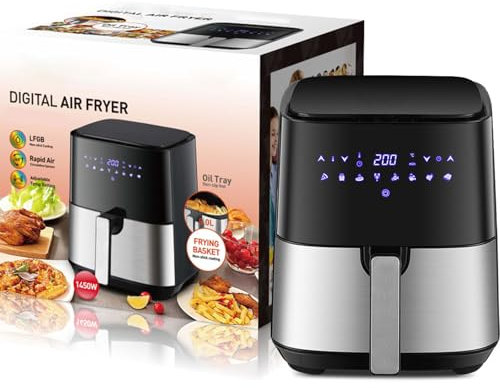 XoTiq Air Fryer, 5L Large Air Fryer, Compact & Airfryer for Family, Digital Airfryer with 8 Quick Presets, Non-Stick Square Basket, Preheat, Dehydrate & More for Quick, Easy Meals Kitchen Airfry