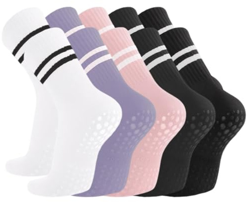 SNONESIY 5 Paar Damen Socken - Rutschfeste Yogasocken mit Silikonpunkten - Weich, Atmungsaktiv, Schweißabsorbierend - Ideal für Yoga, Pilates, Fitnessstudio & mehr - Schwarz, Weiß, Rosa, Lila, Grau