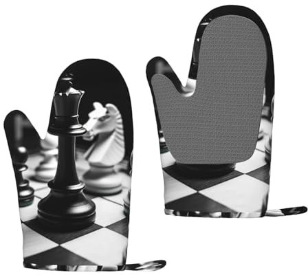 Silikon-Ofenhandschuhe, hitzebeständige Ofenhandschuhe, dicke Baumwolle, gefüttert, Kochhandschuh, 2 Stück, lang, flexibel, wasserdicht, schwarz und weiß, Schach, Küchenhandschuhe für Grillen, Backen