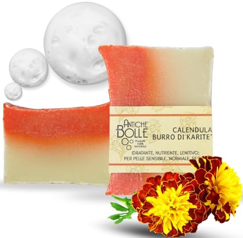 ANTICHE BOLLE - Natürliche feste Seife mit Olivenöl mit Ringelblume und Karité - feuchtigkeitsspendende und beruhigende Gesichts- und Körperseife für normale, reife und trockene Haut -100 g