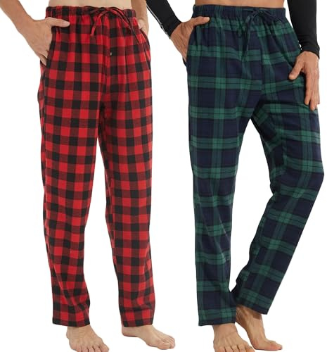 LANBAOSI 2er-Pack Herren Pyjamahose aus Baumwolle Flanell Karierte Loungehose mit Taschen Kordelzug Weiche Pyjamahose Karierte Loungewear