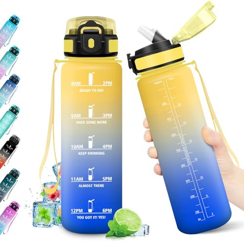 Borraccia 1L, Bottiglia con Indicatore del Tempo Motivazionale, Bottiglia con Cannuccia, Riutilizzabile, senza BPA, A Prova di Perdite, per Fitness, Scuola, Ufficio, Ciclismo, Alpinismo, Yoga