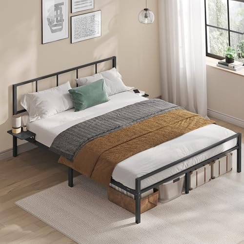 VASAGLE Einzelbettgestell, 140 x 200 cm, Bettrahmen mit Lattenrost | Kopfteil, aus Stahl, bis 500 kg belastbar, einfache Montage, für Schlafzimmer, mattschwarz, CONNER Kollektion RMB194BD01