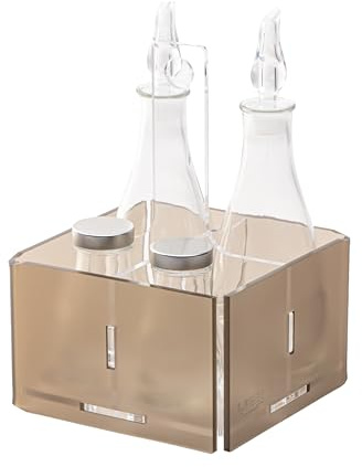 LINEE Recanati MEDITERRANEA Menage – Set Condimenti Porta Olio Aceto Sale Pepe in PMMA e Vetro 17x17x23 cm – Design Decorativo da Tavola – Made in Italy (Fumè Marrone Satinato)