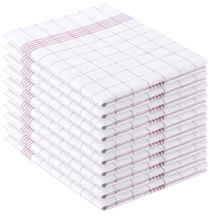 Homeable Geschirrtücher Baumwolle 10er Set (50x70 cm) – Premium Küchenhandtücher & Geschirrhandtücher Kariert Saugstark, Fusselfrei & 495 GSM Qualität – Oeko-Tex Zertifiziert Waschbar 90°C (Rot-Weiß)