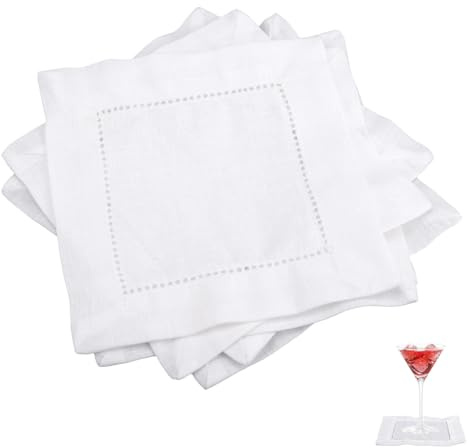 12pcs Linen Cocktail Napkins, 6x6 Inch Reusable Cloth Fabric Serviettes Napkins for Wedding Birthday Baby Shower Party Home Bar Beverage Supplies (White)