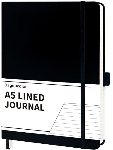 DagouColor Notebook A5, 90 Sheet, 120GSM - Black, Lined | Hardcover Vegan PU Leather Journal Book, Premium Notepad for Writing & Note Taking, Pocket, Elastic Band Closure