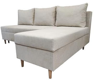 DMSM Scandik Mini Bonell DL Ecksofa mit Schlaffunktion, Cord POSO, Beige, 200x150x92 cm, Ausziehbar, Stauraum, Skandinavischer Stil, Rechts
