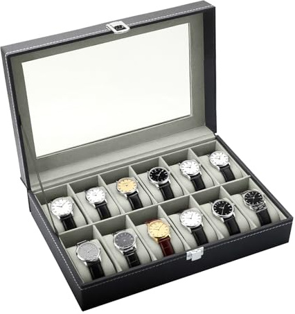 OulQinyhome Boîte à Montres 12 Emplacements Coffret à Montres en PU avec couvercle acrylique et coussinets amovibles Rangement Montre unisexe pour cadeau ou collection personnelle