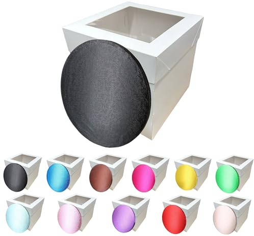 LARRYROO Tall White Cake Box Extra Deep with Clear Display Window & Vibrant, Colourful Round Cake Drum Board Combo (Black, 10 Inch)