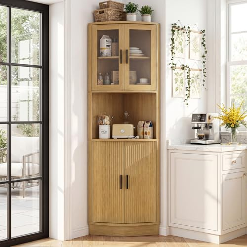 BonVache Tall Corner Storage Cabinet, Bathroom Corner Shelf Unit with Glass Door and 5 Storage Shelves, Freestanding Sideboard Cabinets for Living Room Kitchen, Nature
