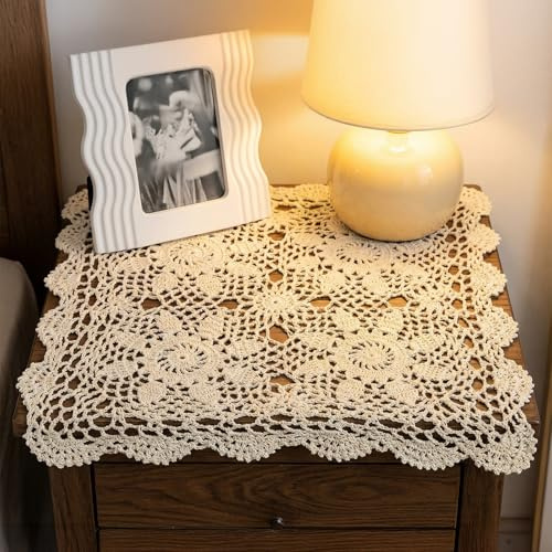 Cotton Handmade Crochet Doilies Square Vintage Beige Crochet Doilies 15 Inch Knitted Placemats Cotton Lace Tablecloth for Sofa Décor, Dressing Tables, Coffee Tables, Dining Rooms