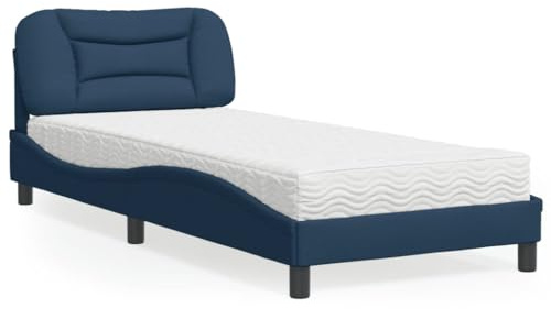 Bucmath Hvar Sängklädselsäng med madrass, 90 x 200 cm, blå, tygöverdrag, vågdesign, komfort-skummadrass H2/H3, för vilsam sömn