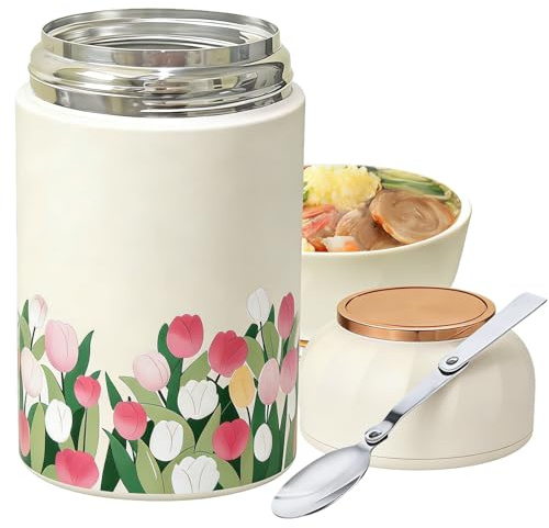 Witeygai Food Flask, 500ML Vacuum Insulated Stainless Steel Soup Flask, Soup Containers with Foldable Spoon for Hot Cold Food, Floral Design Food Containers for Commuting, Office, and Outdoor