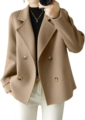 ebossy Women's Wool Blend Cropped Pea Coat Double Breasted Nothced Lapel Fully-Lined Loose Dressy Blazer Jacket Outwear (L, Light Brown)