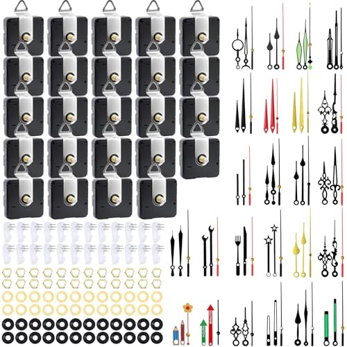 QLOUNI 24 Pack Quartz Clock Movement Mechanism Kit, Silent Sweep Non-Ticking, 20mm Total Shaft (11mm Thread) Fits 3–6mm Dials, 24 Hand Styles, Hanging Hooks & Traceless Nails, DIY Wall Clock Repair