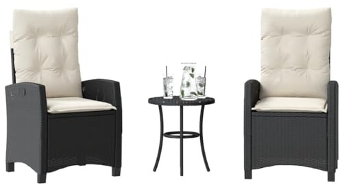 LoogCape Ensemble de bistro 3 pièces en polyrotin noir avec fauteuils de relaxation réglables, coussins, table de jardin pour jardin, balcon, terrasse