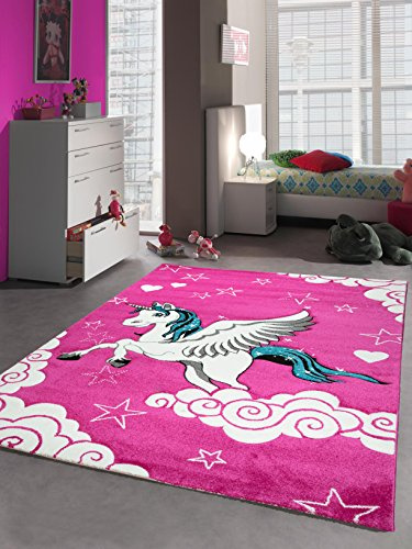 Kinderteppich Spielteppich Kinderzimmer Teppich Einhorn Design mit Konturenschnitt Pink Creme Türkis Größe 160x230 cm