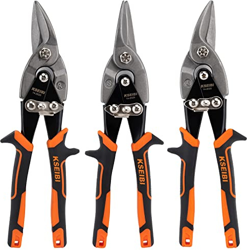 KSEIBI 142032 Sheet Metal Aviation Tin Snip Cutter Set 10 Inch Length 1 3/8 inch Cutting Capacity Straight Left and Right 3 Pack