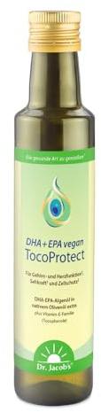 Dr. Jacob's DHA + EPA vegan TocoProtect I 250 ml Flasche I hochkonzentriert in Omega-3-Fettsäuren DHA und EPA I Olivenöl mit der pflanzlichen Vitamin-E-Familie – alle vier Tocopherole I 50 Portionen