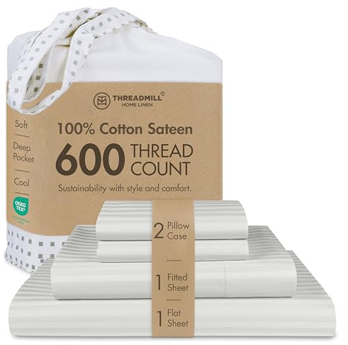 Threadmill Home Linen Bedding Collection - Juego de sábanas de 600 Hilos, 100% algodón ELS, diseño de Damasco, Juego de 4 Piezas, sábanas de satén Suave, tamaño matrimonial, Color Plateado