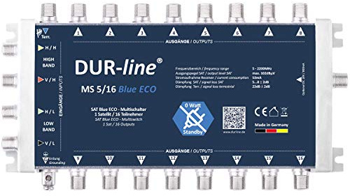 DUR-line MS 5/16 Blue eco Stromspar Multischalter - für 16 SAT Teilnehmer/TV - kein Netzteil notwendig - 0 Watt Standby Multiswitch [Digital, HDTV, FullHD, 4K, UHD]
