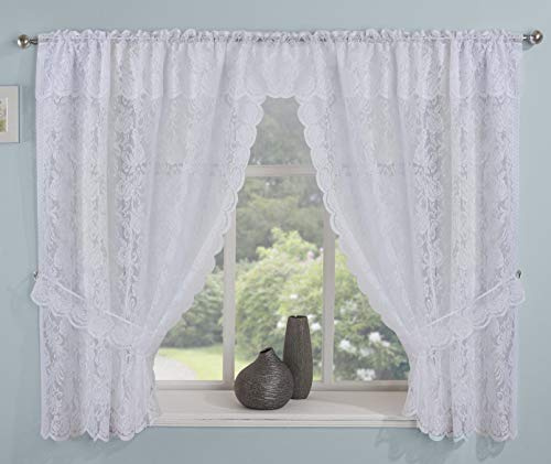 Maple Textiles Victorian Lace Floral Pattern Window Curtain Net Set in White with Attached Pelmet/Valance Tiebacks Included Width 110 x Drop 48 (280 cm x 122 cm)