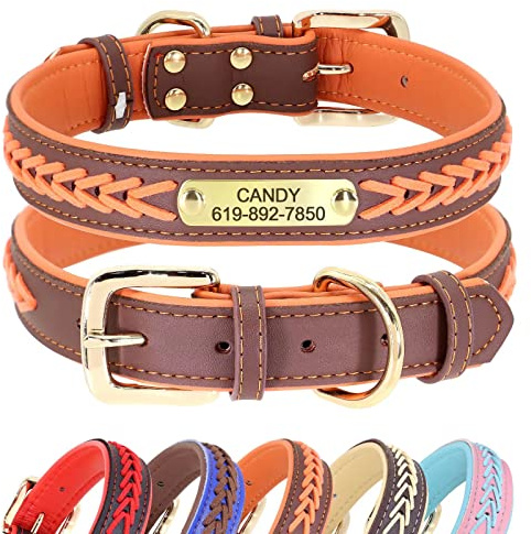Didog Hundehalsband, Leder, mit Gravur des Namensschildes aus Messing, geflochtenes Leder, weich gepolstert, verstellbar, für kleine, mittelgroße und große Hunde,Orange, XXL(Halsumfang 52–62 cm)