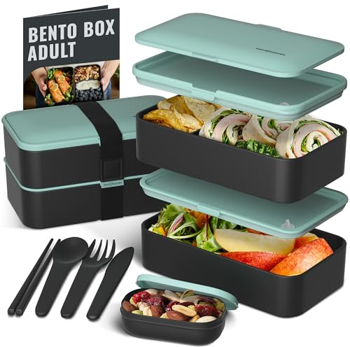 Premium Bento Lunch Box in 8 Modern Colors - 2 Compartments, Leak-proof - Includes Sauce Cup, Divider, Cutlery & Chopsticks - 40oz Japanese Bento Box for Adults & Kids - Zero Waste & Food-Safe