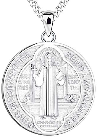 FJ Heiliger Benedikt Kette 925 Sterling Silber Heiliger Benedikt Anhänger Halskette Runde Münze Antiqued Religious Protector Talisman Kette für Herren Damen