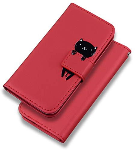 Bartern Handyhülle für iPhone 11,iPhone 11 Hülle,Karikatur Katze PU Leder Klappbar Wallet Schutzhülle Tasche Klapphülle mit Magnetisch Kartenfach Standfunktion,Rot