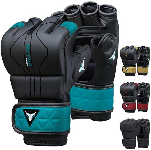 Mytra Fusion Guanti MMA con Palmo Ventilato Aperto Guanti MMA Sparring Kickboxing, Grappling, Allenamento, Combattimento in gabbia Guanti per arti marziali miste (S, Black/Turquoise)
