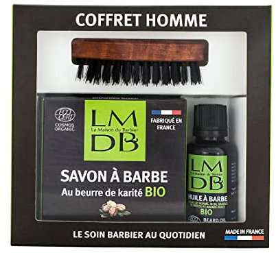 La Maison du Barbier - Coffret Soin Barbe - Brosse + Huile à Barbe aux 4 Huiles Bio + Savon à Barbe au Beurre de Karité Bio - Ecocert Cosmos Organic - Fabrication Française