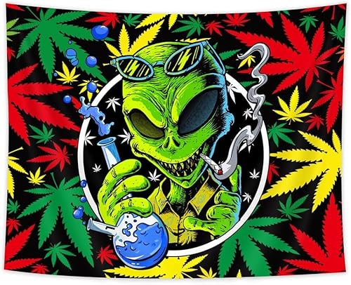 Wathon Trippy Weed Marihuana Tapisserie, Cool Alien Marihuana Leaf Wandteppich für Schlafzimmer, Psychedelic Tie Dye Stoner Wandkunst Poster für Männer und Frauen