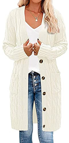 Earnmore S Cárdigan Largo de Punto Trenzado de Manga Larga con Botones Frontales Abiertos, Ropa de Abrigo, Blanco, L