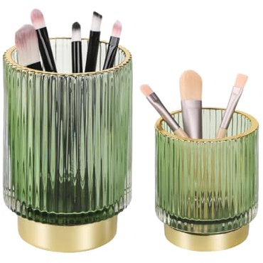 Fvstar Green Makeup Brush Holder for Vanity, Glass Makeup Organizer Cup, Gold Toothbrush Holders, Pen Holder for Desktop, Vintage Brushes Storage Organizer for Paint Brush, Pen, Pencil, Eyeliner
