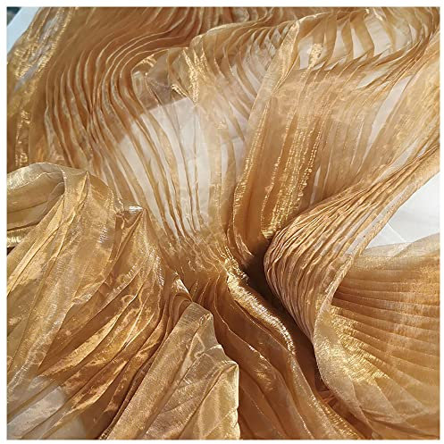 Plissee-Tüllstoff, Magic Color Laser Plisse Stoff Akkordeon Crimpen Falten Nähmaterial für Kleid 150 cm Breite M102F1 (Gold Coffee)