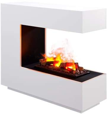 BALDERIA Cassiopeia Elektrokamin | Raumteiler-Standkamin mit Optimyst-LED-Flammenillusion | Wassernebel, Knister-Sound, Scheite, 360° Flammen-Blick | Kamin-Möbelstück mit Fernbedienung | Weiß